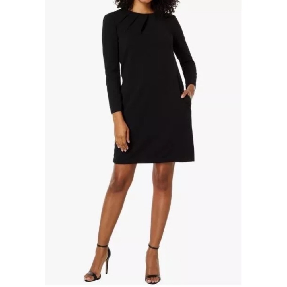 Maggy London Black Sheath Dress Career Work Pleated Pockets Long Sleeve‎ 10 NEW
